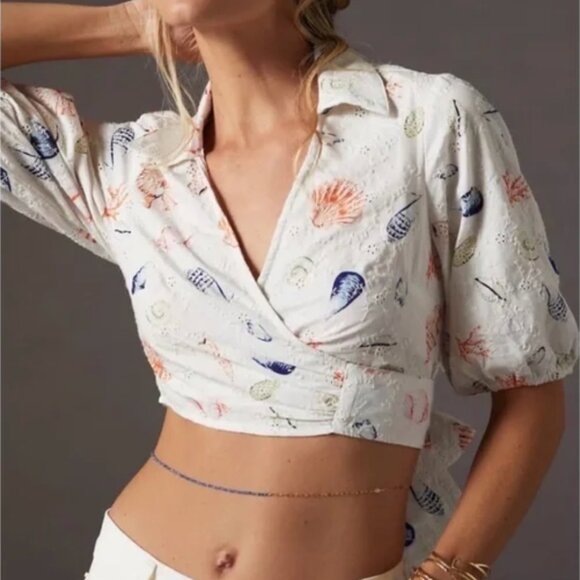 Anthropologie White Puff Sleeve Wrap Crop Blouse with Eyelet & Seashells- Size L - Picture 1 of 8